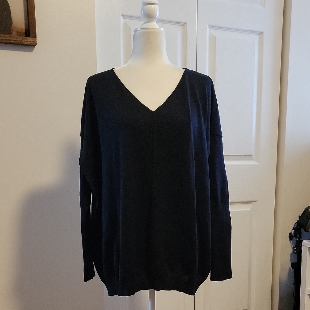 Black V-Neck Sweater with Ribbed Cuffs
